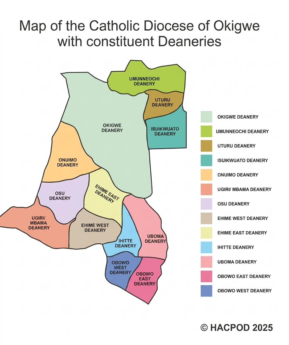 Map of the Catholic Diocese of Okigwe, showing its deaneries and parishes